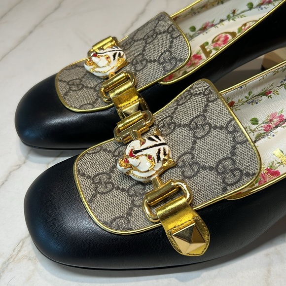 Gucci with Leather GG Supreme Embellished Mid-Heel Loafer Pump (Size 40) - Picture 7 of 13